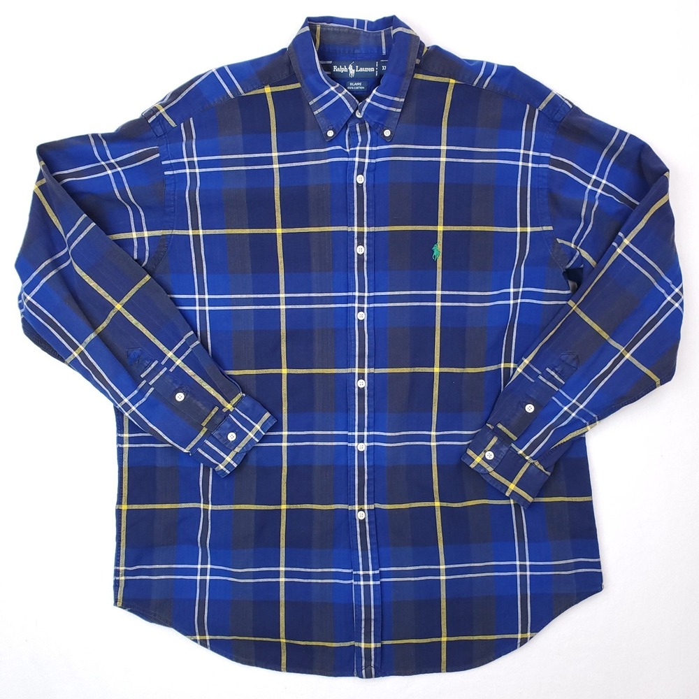 Vintage Polo Ralph Lauren Shirt Mens Extra Large Blue Plaid Flannel Blaire Pony